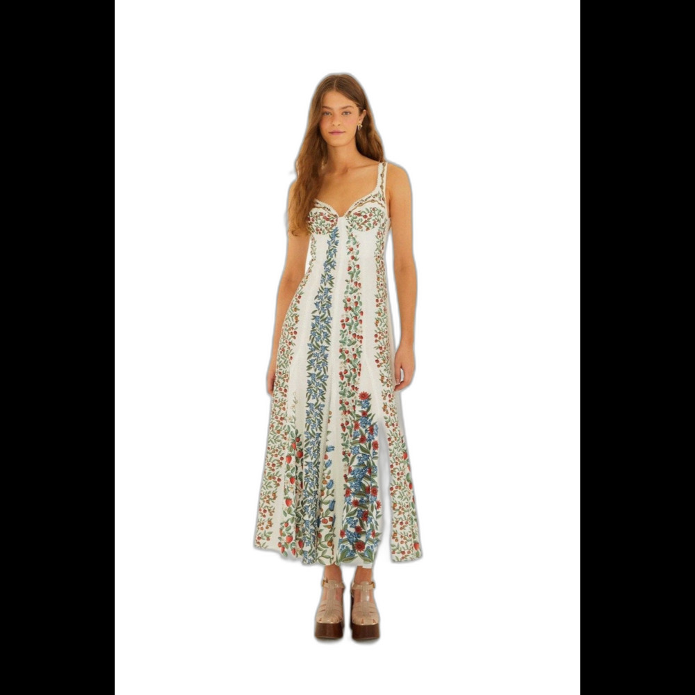 FARM RIO Fruit Beauty Off-White Embroidered Linen Maxi Dress Size Medium